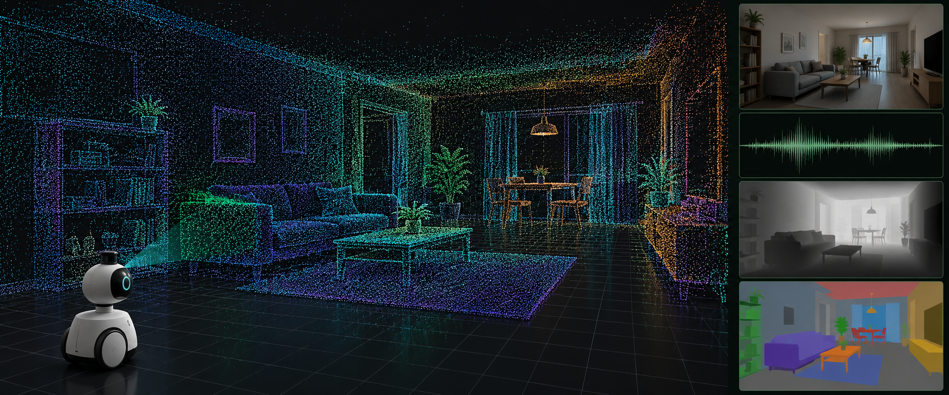 Concept illustration of a research robot in a point-cloud environment with vision, audio, depth, and semantic visualisations